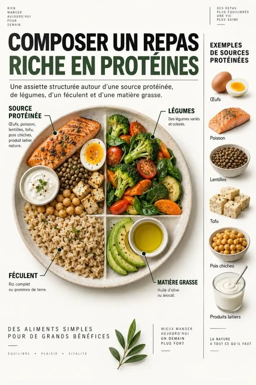 Infographie pour composer un repas riche en proteine avec protéines, légumes, féculents et matière grasse