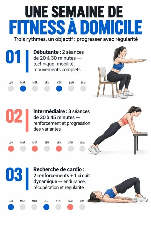 Infographie femmes fitness : organiser une semaine de séances à domicile selon son niveau