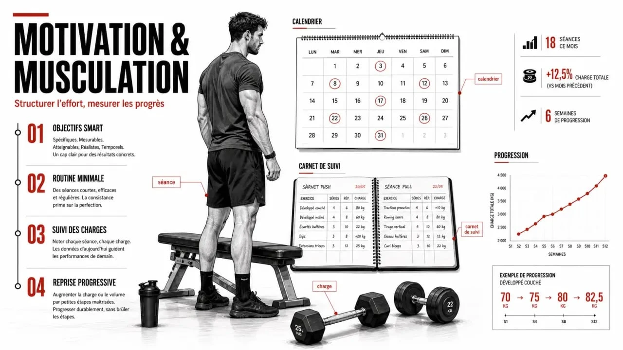 Infographie motivation musculation : objectifs SMART, routine minimale et suivi des progrès