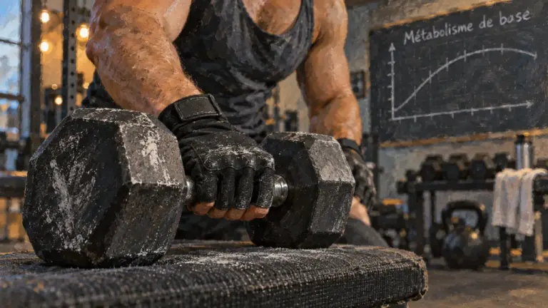 Métabolisme et musculation : haltère, muscle et calories au repos