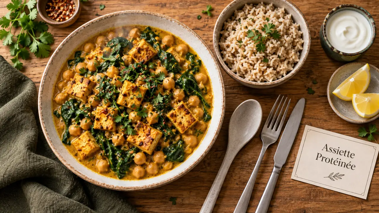 Repas riche en proteine : assiette protéinée tofu et pois chiches