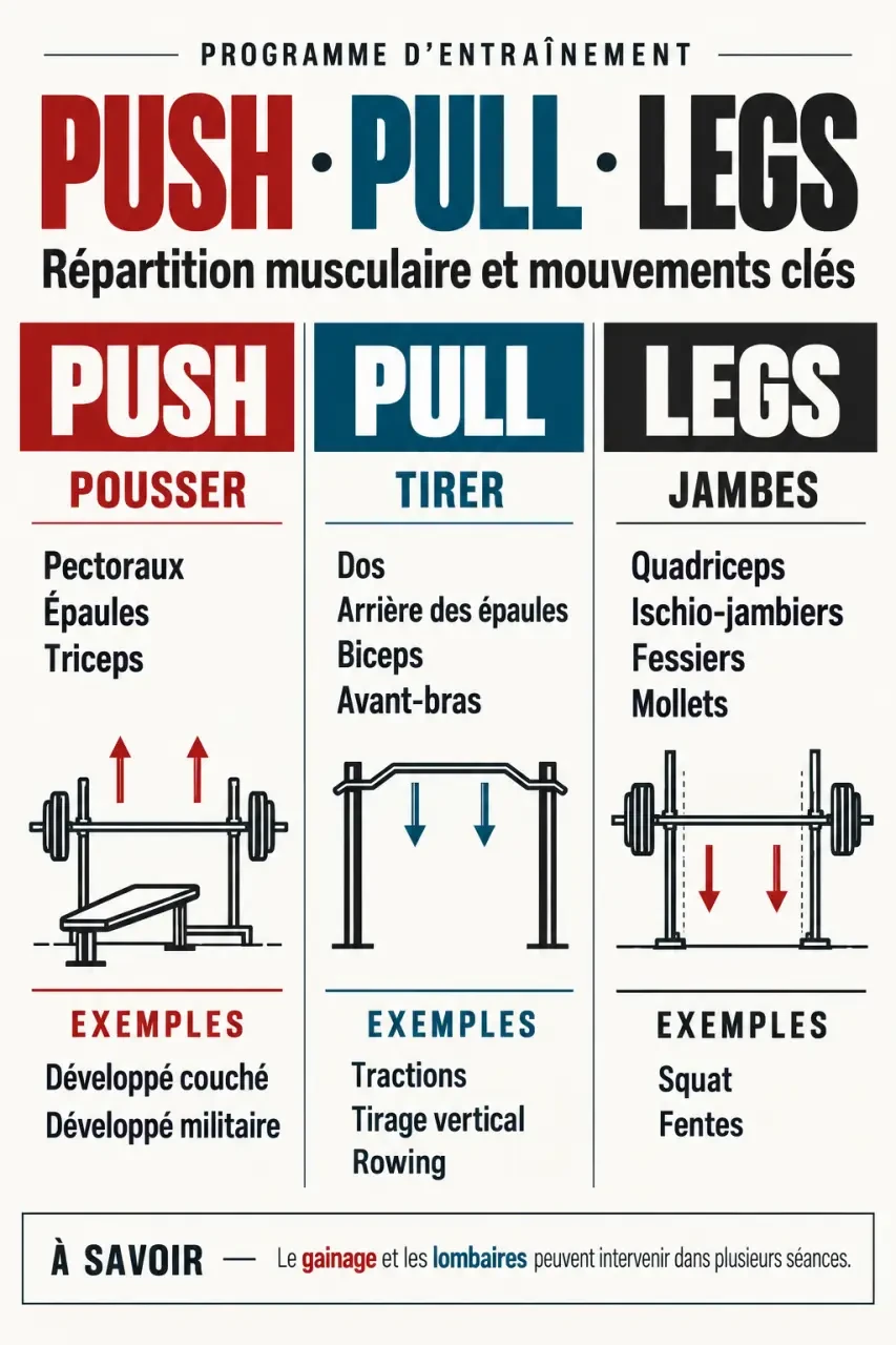 Infographie du programme push pull legs et de la répartition des groupes musculaires