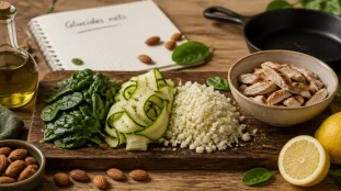 Aliments pauvre en glucide : épinards, courgettes, chou-fleur et poulet low carb