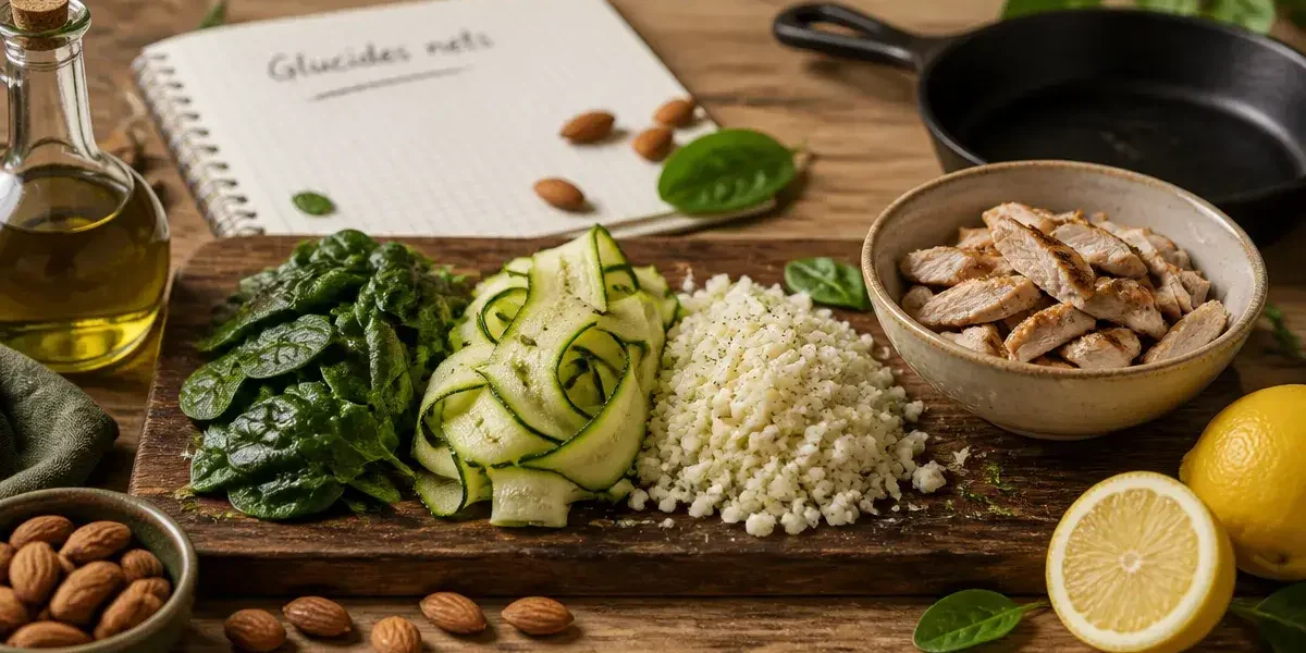 Aliments pauvre en glucide : épinards, courgettes, chou-fleur et poulet low carb