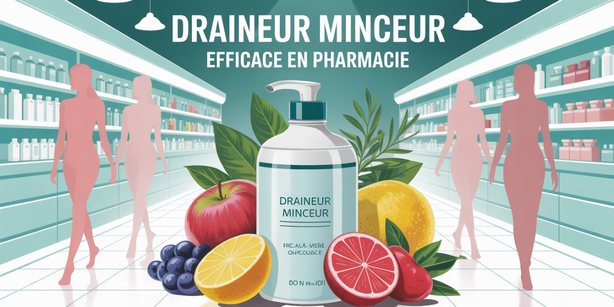 bouteille draineur minceur efficace entourée de fruits et plantes detox, pharmacie moderne