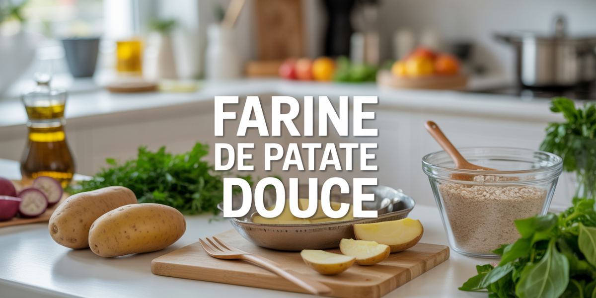 Saladier de farine de patate douce et ingrédients sains sur table