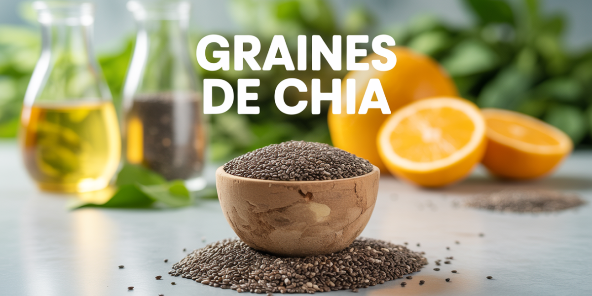 graines de chia avec bol et cuillères doseuses