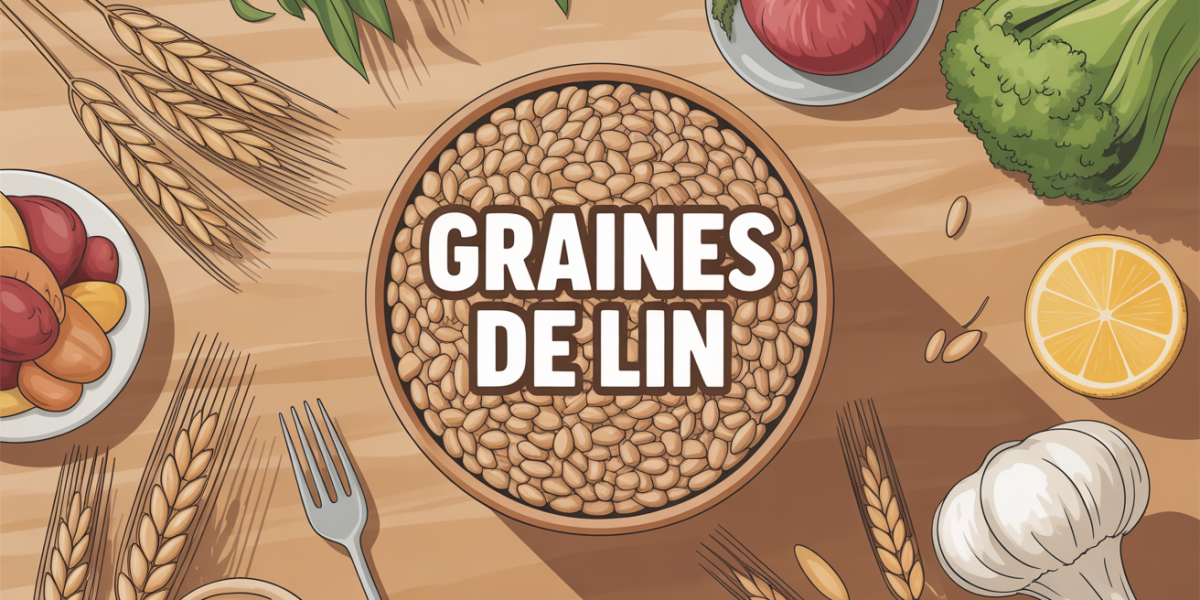 Bol graines de lin dorées et brunes sur table bois, illustration nutrition