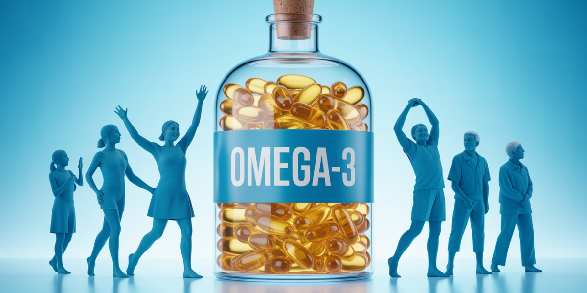 Flacon transparent huile de poissons, capsules omega-3, ambiance sante moderne