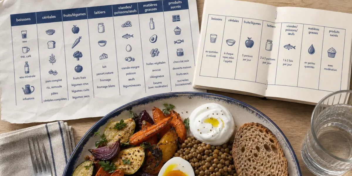 Les 7 groupes d aliments tableau : boissons, céréales, fruits-légumes, laitiers, protéines, matières grasses, produits sucrés