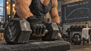 Métabolisme et musculation : haltère, muscle et calories au repos