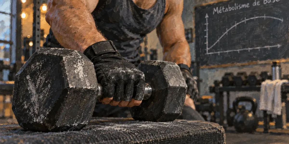 Métabolisme et musculation : haltère, muscle et calories au repos
