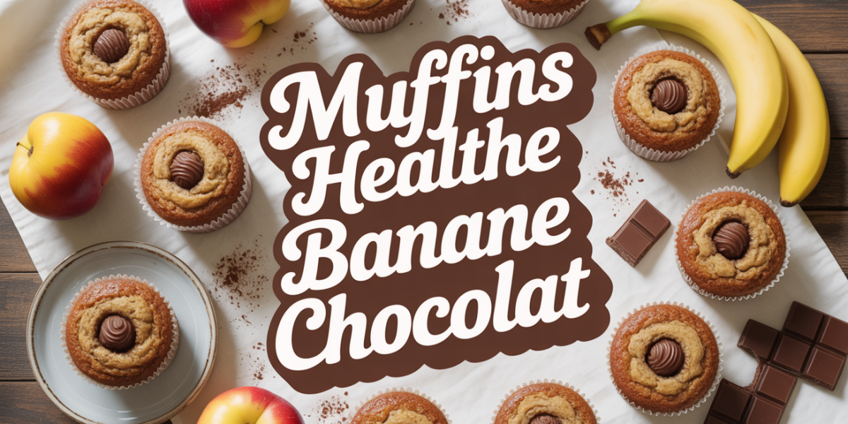 Muffins healthy banane chocolat sur table bois avec fruits et éclats