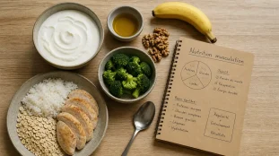 Nutrition pour la musculation : protéines et glucides, bols et poulet, skyr