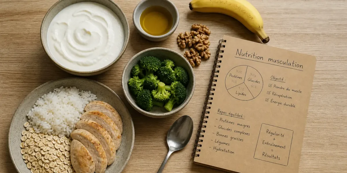 Nutrition pour la musculation : protéines et glucides, bols et poulet, skyr