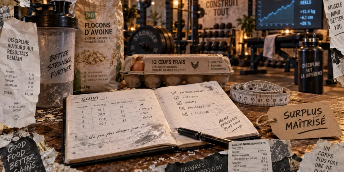 Prise de masse musculaire : surplus maîtrisé et suivi (tour de taille, shaker, nutrition)