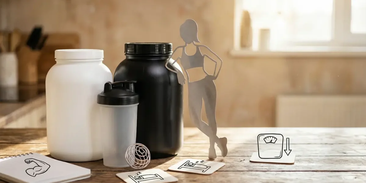 visuel pots whey et caseine avec shaker et pictogrammes musculation