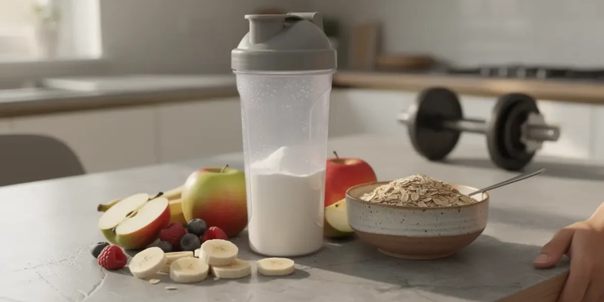 shaker de whey protéine pour perte de poids sur table de cuisine avec haltère