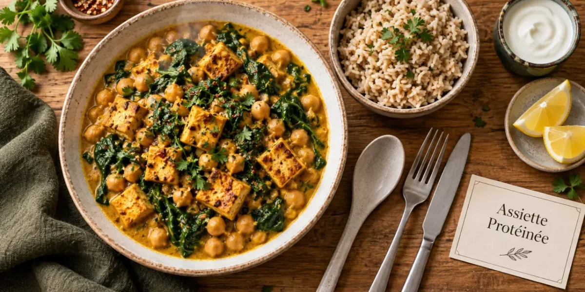 Repas riche en proteine : assiette protéinée tofu et pois chiches