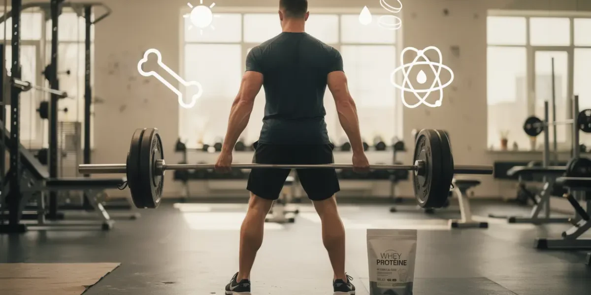 Sportif soulevant barre, pictos os solides, paquet whey, calcium, vitamine D
