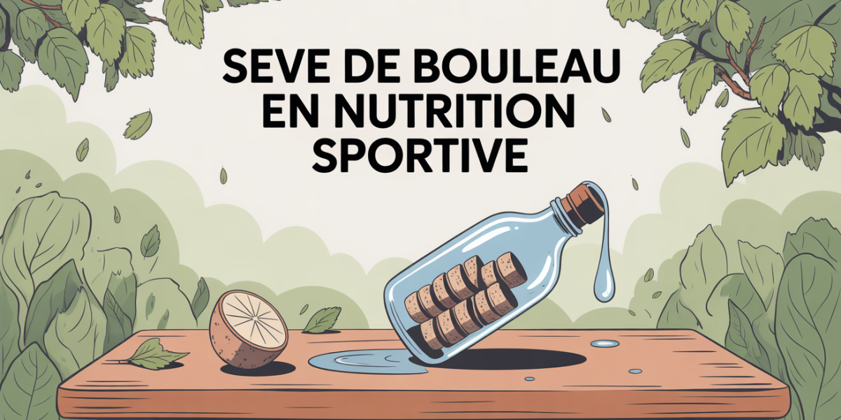 bouteille de seve de bouleau sur table bois, goutte d'eau, titre nutrition sportive