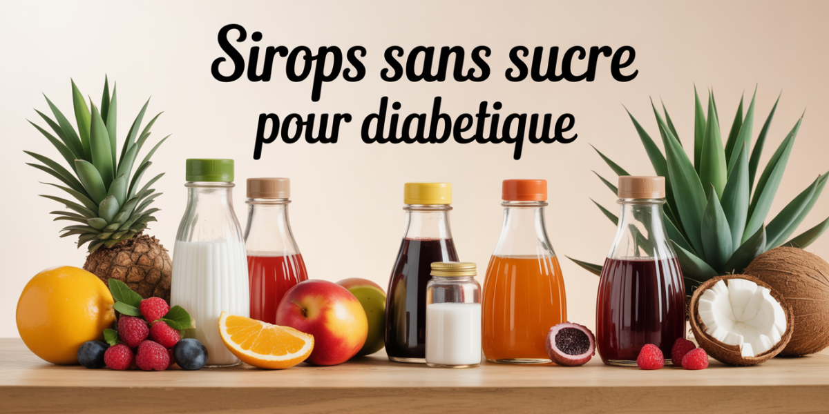 Flacons de sirops sans sucre pour diabétique, fruits sur table