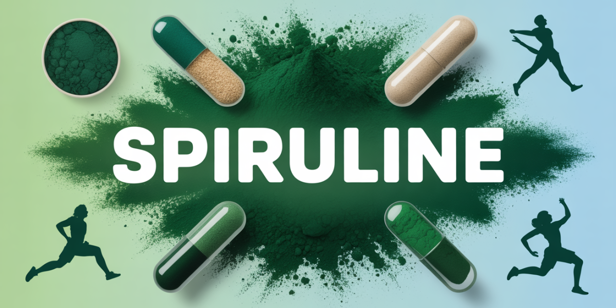 illustration spiruline poudre comprimés silhouettes sportives