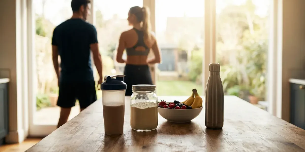 Ambiance sportive shaker whey protein fruits silhouettes