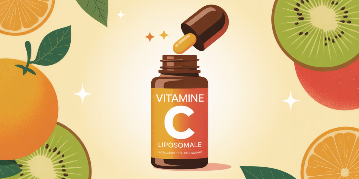 Flacon vitamine C liposomale entouré de fruits, absorption optimisée