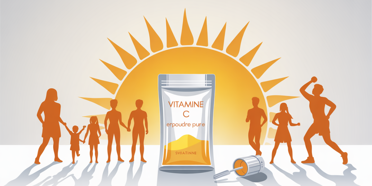 Sachet de vitamine C en poudre pure sur table, famille et sportifs