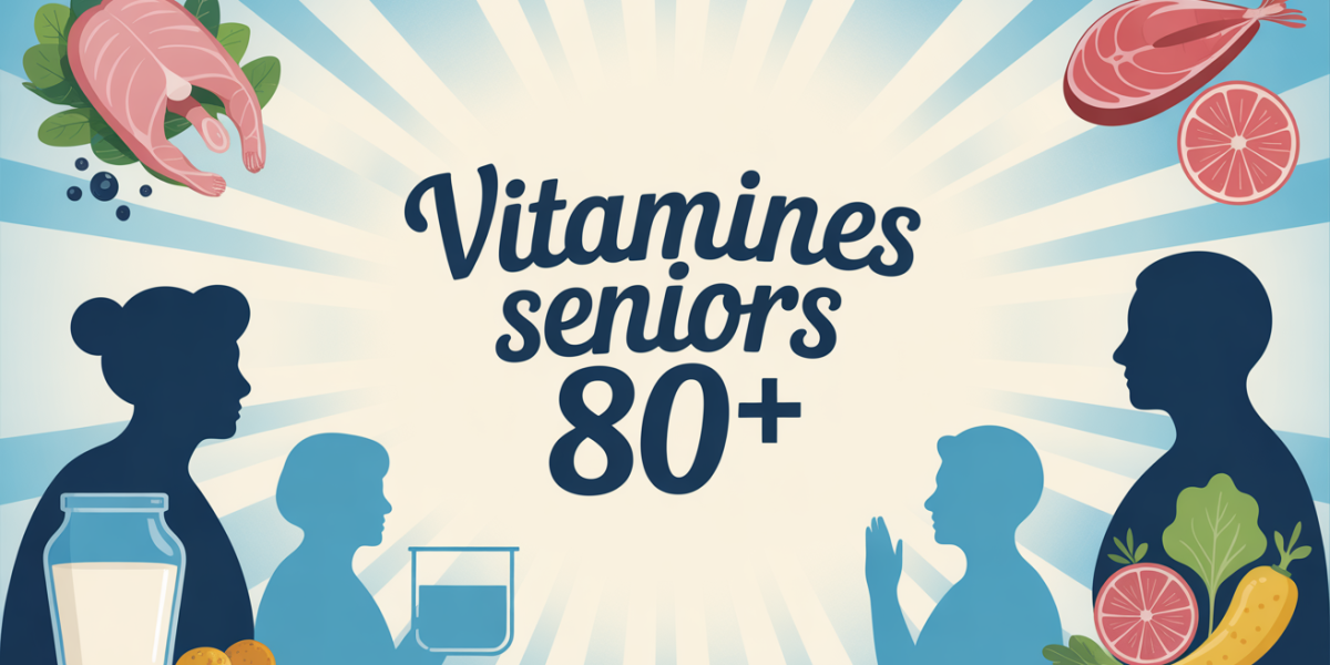 Image informative vitamines seniors 80 plus fond bleu aliments sains