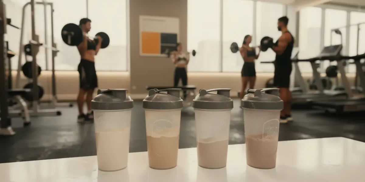 shakers poudre whey sur table salle de sport moderne