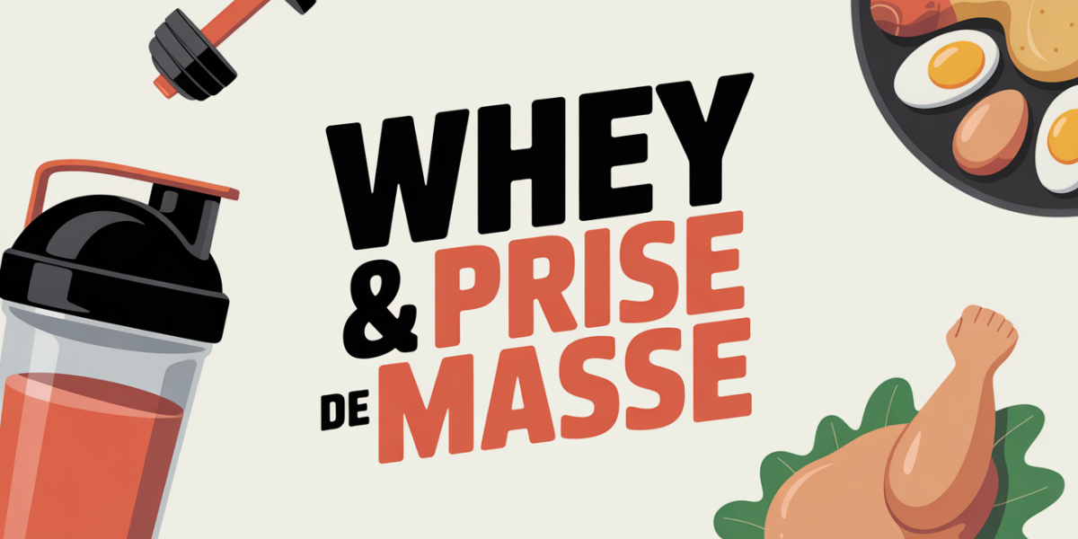 Shaker whey prise de masse avec aliments proteiques et haltères