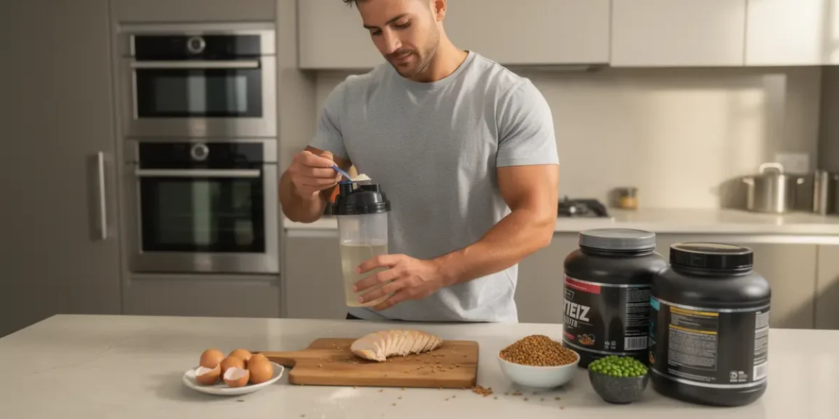 athlète préparant whey protéine vs aliments naturels
