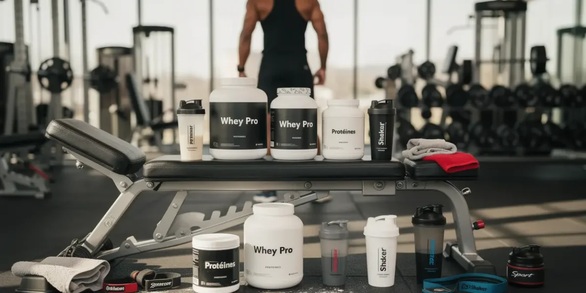 pot de whey protéine et matériel de musculation