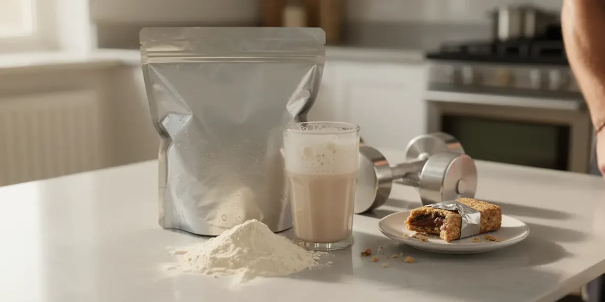 sachet whey proteine, shake et haltères sur table