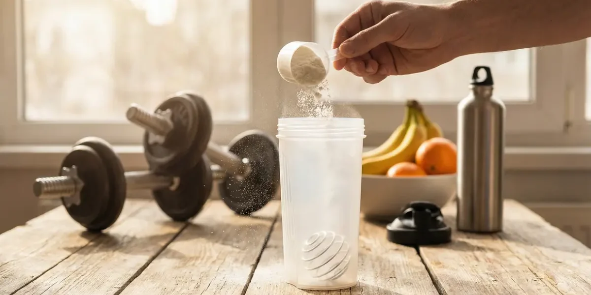 whey proteine poudre dans shaker avec haltères et fruits