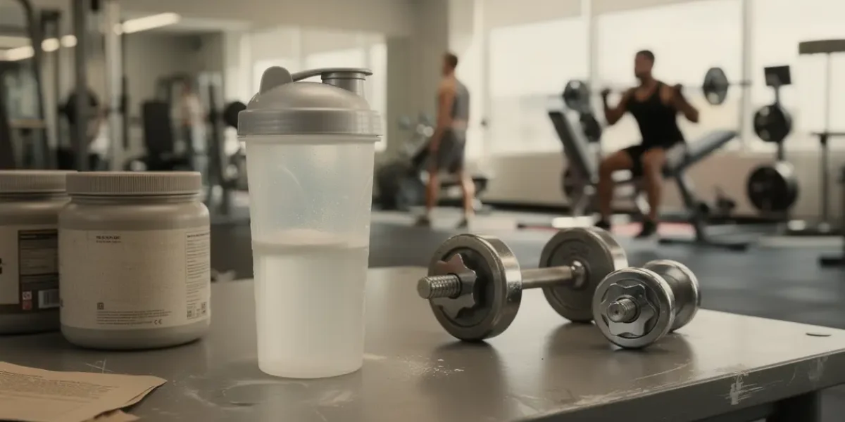 Shaker whey proteine musculation en salle avec haltères